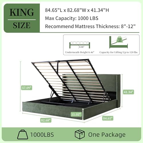 King Lift Up Storage Bed, Corduroy Platform Bed with Headboard, Turtle