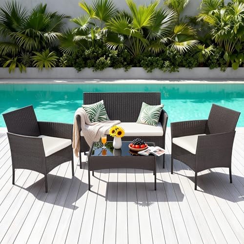 FDW 4-Piece Patio Furniture Set | Brown | Outdoor Wicker Furniture