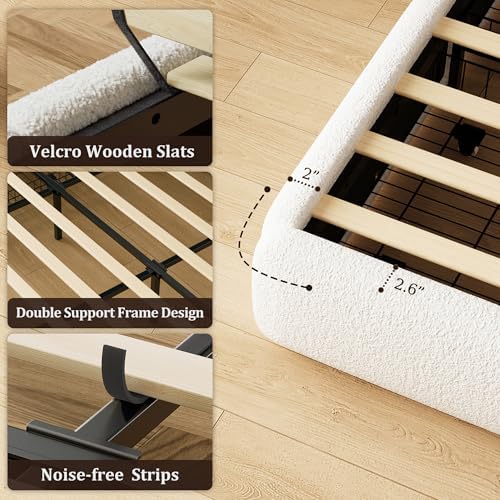 Queen Size Bed Frame with Storage, Boucle Cloud Bed with 4 Locking Drawers & LED Lights, Modern Upholstered Platform Bed, Plush Sides & Footboard, Adjustable Headboard, No Box Spring, Cream