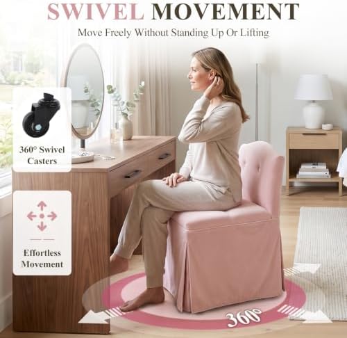 Pink Velvet Makeup Vanity Chair with Back & Wheels