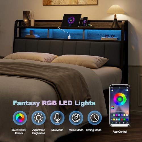 Queen Headboard Only with Storage, Charging Station, Black & Grey
