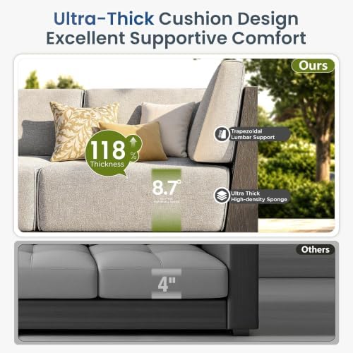 PHI VILLA 5 PCS Wicker Patio Sectional Furniture Set 8.7" Gray Cushions