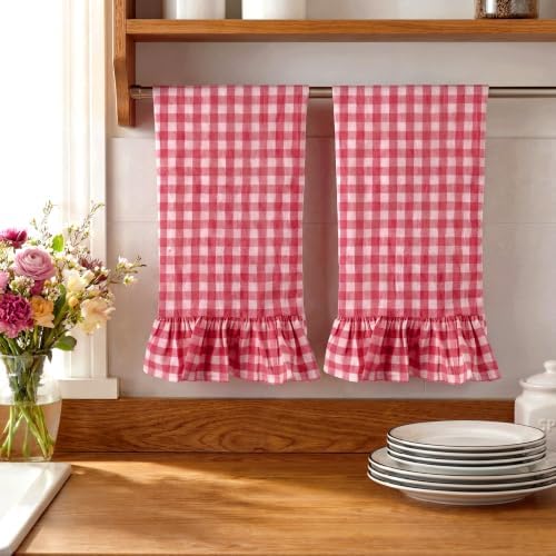 HunnmingRe 2 Pcs Watermelon Pink Gingham Kitchen Towels Cotton Ruffled