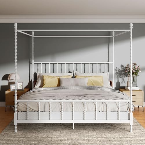 Furniture of America Vaeli Modern Metal King Size Four Poster Bed Frame with Spindles, Canopy Bedframe for Bedroom, Guest Room, Box Spring Required, White