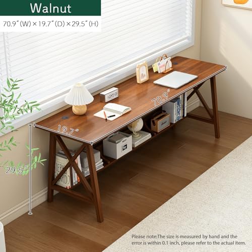 NELYE Extra Long Writing Desk with Bookshelf, 71" Wx20 Dx30 H, Walnut