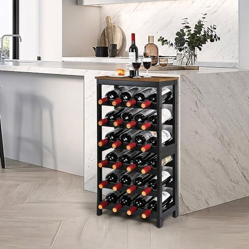VASMIA Wine Rack Freestanding Floor, 6 Tier Bamboo Wine Storage Shelves with Table Top, 24-Botttle Wine Rack Shelf for Kitchen Bar Dining Room Living Room, Rustic Brown and Black