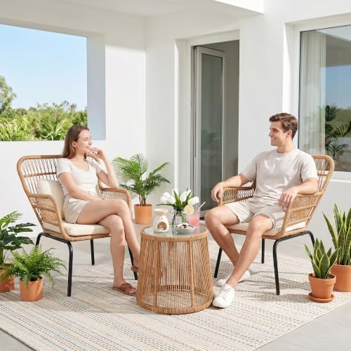 3 Piece Outdoor Wicker Furniture Bistro Set, Rattan Chairs Conversation Sets Wicker Patio Furniture for Balcony Poolside Backyard, Yellow/Beige