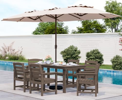 SERWALL HDPE Dining Set with Umbrella, Outdoor Dining Set for 6, Coffee