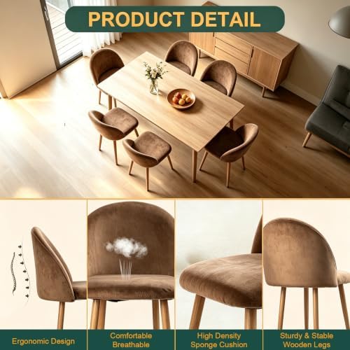 Big Dining Room Chairs Set of 2, Velvet Modern Kitchen Chairs with Metal Legs & Ergonomic Curved Backrest, Mid-Century Side Chairs Accent Chairs for Living Room, Apartment, Home Bar, Brown