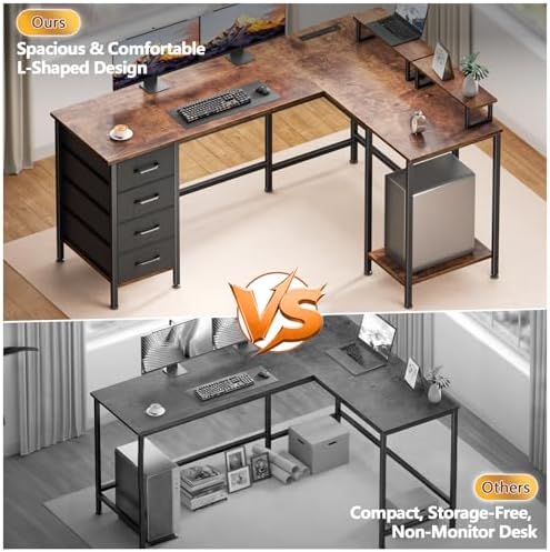Korfile 59 inch L Shaped Computer Desk with Power Outlets, Rustic Brown