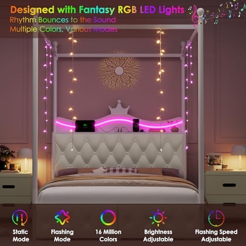 Keyluv Full Size Upholstered LED Canopy Bed Frame with Charging Station and Drawer, Button Tufted Crown Headboard with Storage Shelf, Two-Purpose Removable Four Poster Design Platform Bed, Beige