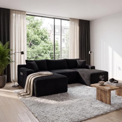 106-Inch Oversized U-Shaped Left Facing Corner Compressed Sofa Modular Boneless Cloud Sectional Sofa Floor Foam Couch W/Chaise & Ottoman, Corduroy Corner Boneless Cloud Couch