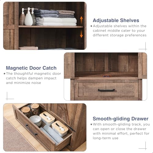 Farmhouse Kitchen Pantry Cabinet - 72" Tall Wood Kitchen Storage Cabinets with Adjustable Shelves & 2 Barn Doors & Drawer, Versatile Storage for Dining Room, Bathroom, Utility Room, Light Brown