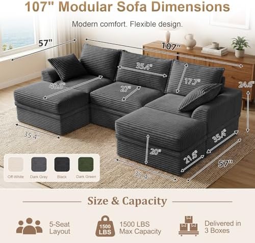 Modular Sectional Couch with Storage, Couches for Living Room, Corduroy 5-Seat U Shaped Upgraded Boneless Couch with 2 Ottomans, Throw Pillows, Cloud Memory Foam Sofa, Deep Seat,No Assembly,107"(Gray)