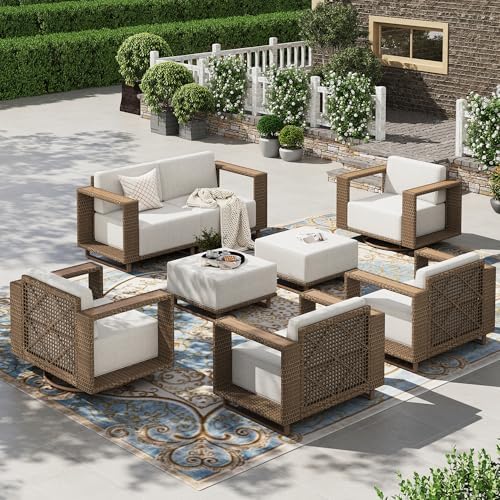 HERA'S HOUSE 8-Piece Patio Furniture Set with 10" Thick Cushions, Beige