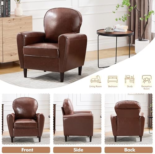 Mid Century Accent Chair Set of 2, Modern Faux Leather Arm Chair, Upholstered Comfy Reading Chair Single Sofa Chairs for Living Room, Bedroom, Club, Dark Brown