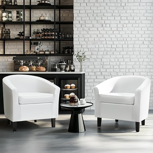 Yaheetech Accent Chairs Set of 2, Faux Leather Barrel Armchairs White