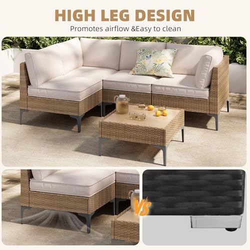 5-Piece Patio Furniture Set, Outdoor Wicker Sectional Sofa with Coffee Table, Anti-Slip & Thick All-Weather Cushions for Party, Garden, Backyard, Beige