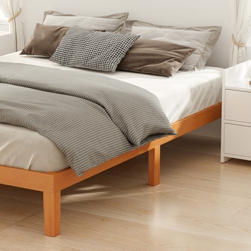 DUMOS Queen Bed Frame, Solid Wooden 12IN Platform Bed Base with Sturdy Wood Slat Support, Noise-Free Design, No Box Spring Needed, Easy Assembly, Natural Pine
