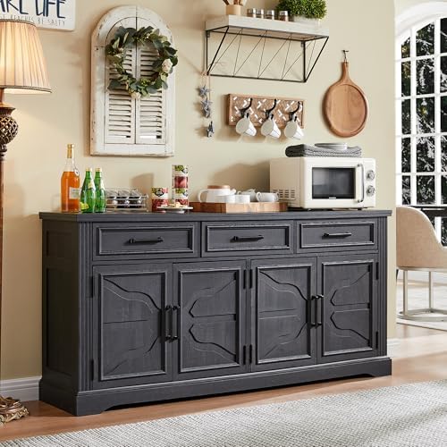 JXQTLINGMU 66" Farmhouse Buffet Cabinet with Storage, Sideboard Credenza, Carved Cloud-Inspired Doors, 3 Drawers & Adjustable Shelves, Coffee Bar Cabinet, Black