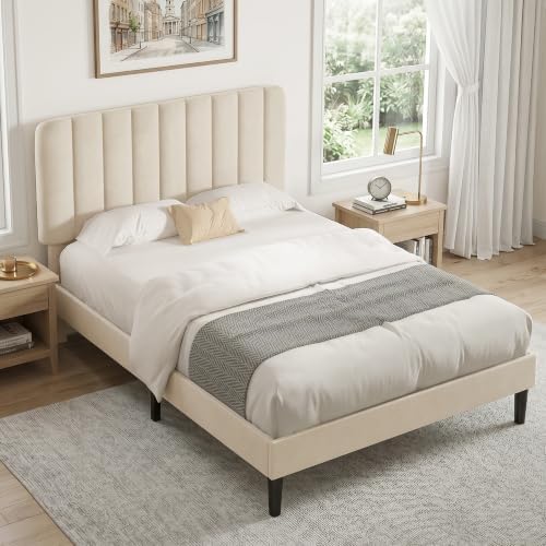 VECELO Queen Size Bed Frame with Upholstered Headboard, Velvet Platform Bedframe Mattress Foundation, Strong Wood Slat Support, No Box Spring Needed,Bone Beige
