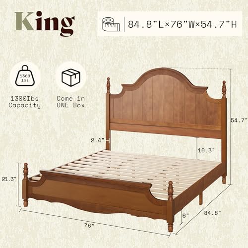 AMERLIFE King Solid Wood Poster Bed with Arched Headboard, Brown