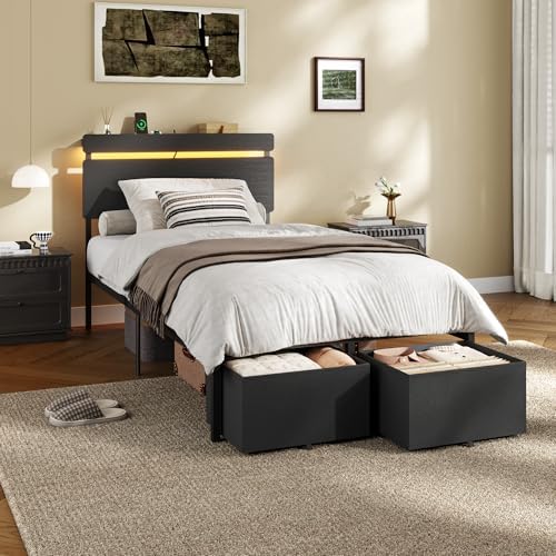 Forestell Twin Bed Frame with Wood Headboard,2 Storage Drawers & Shelf
