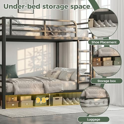 Full Over Full Bunk Beds, Heavy Duty Metal Full Size Bunk Bed for Teens and Adults, Noise-Free Design Bunkbeds with Ladder, Guardrail for Bedroom, Dorms and Apartment, No Box Spring Required, Black