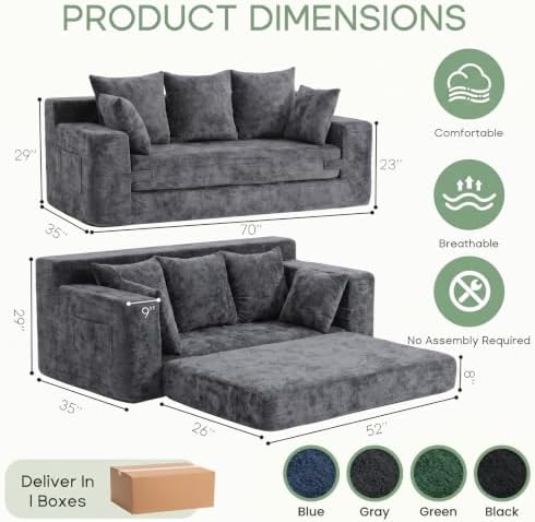 3 Seater Boneless Couch for Living Room, Convertible Sofa Bed in A Box, Folding Pull Out Couch with Comfy Corduroy, Loveseat Sleeper Floor Sofa with 5 Pillows, Velvet Fabric, Grey