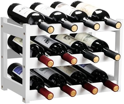 VASMIA Bamboo Wine Rack, Sturdy and Durable Wine Storage Cabinet Shelf, Wine Racks Countertop for Pantry,Kitchen,3-Tier 12 Bottles Wine Rack White