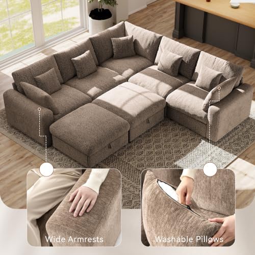 Ihanherry Oversized Cloud Sectional Couches for Living Room, Modular Sectional Sofa with Wide Deep Seat, Coner Couch with Throw Pillow and Storage Ottoman, Brown