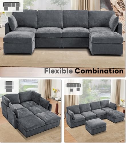 Iroomy Modular Sectional Couch for Living Room, Modern Convertible Cloud Sofa with Ottoman, Spring Cushion Seating, Grey