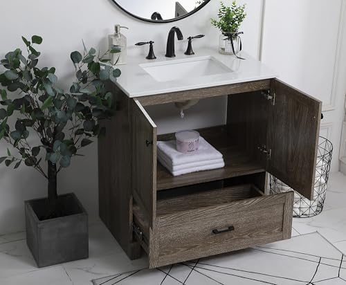 30" Pre-Assembled Bathroom Vanity with Sink, Engineered Wood, Ivory White Engineered Marble Countertop Attached, Single Rectangle Porcelain Sink, 1 Soft-Close Drawers, Weathered Oak
