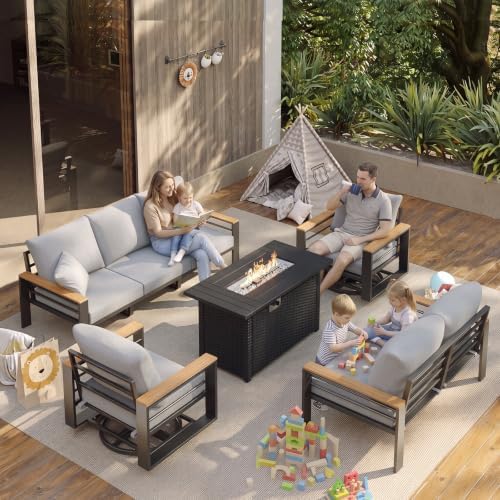 Aoxun Aluminum Patio Furniture Set with Swivel Chairs & Firepit Table