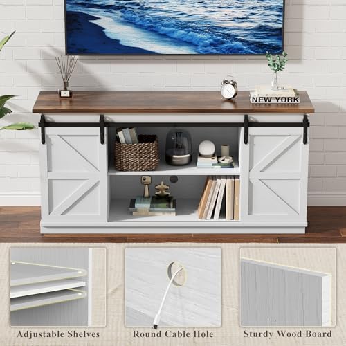 YESHOMY 58" Farmhouse TV Stand for TVs up to 65", Sliding Barn Doors, White