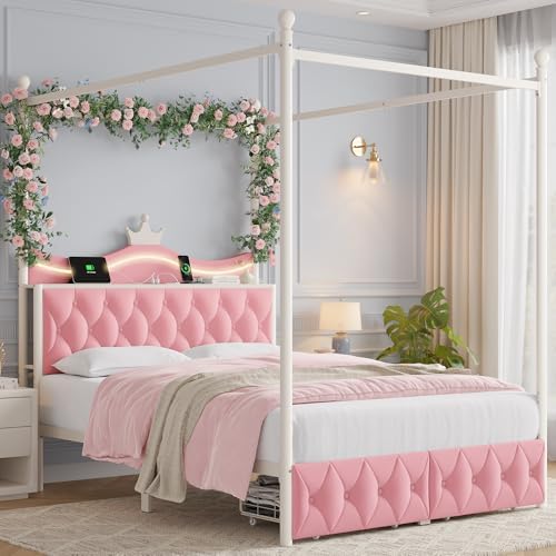 Keyluv Queen Size Upholstered LED Canopy Bed Frame with Charging Station and Drawer, Button Tufted Crown Headboard with Storage Shelf, Two-Purpose Removable Four Poster Design Platform Bed, Pink