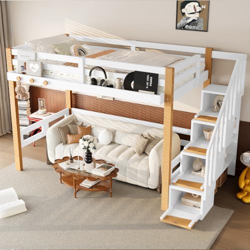 KEIKI Twin Size Wooden Loft Bed Frame with Staircase, Clothes Hook, White