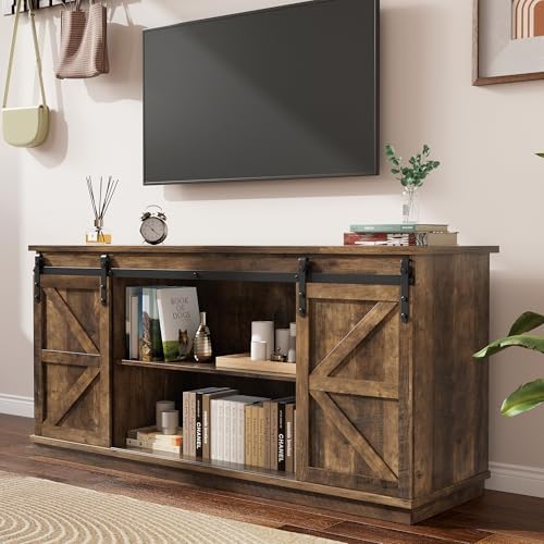 YESHOMY 58" TV Stand for TVs up to 65", Sliding Barn Doors, Barnwood