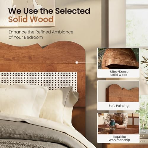 PHI VILLA Solid Wood Queen Bed Frame with Adjustable Headboard