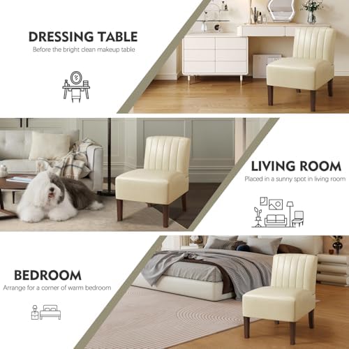 Armless Accent Chairs Upholstered Dining Chairs Living Room Chairs with Solid Wood Legs Leather Reading Chair for Adults Comfy Chair for Bedroom Vanity Kitchen (Beige)