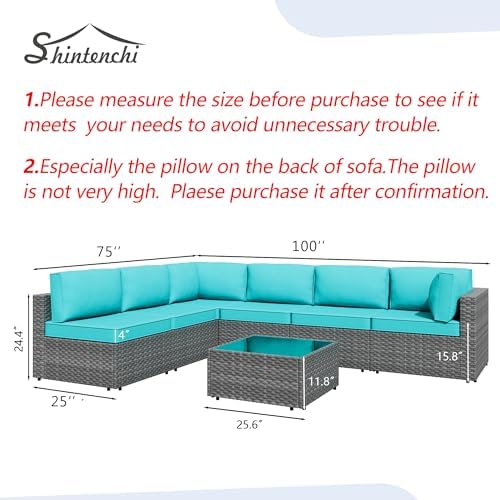 Shintenchi 7 Piece Outdoor Patio Furniture Set with Silver Rattan, Blue