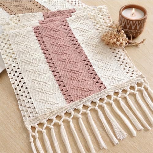 FEXIA Boho Table Runner with Tassels for Home Decor 12x72 Inches Pink