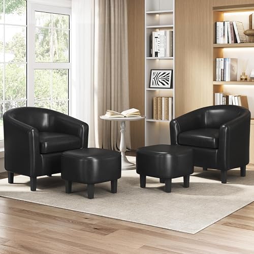 Yaheetech Accent Chairs with Ottoman, Faux Leather Set of 2, Black