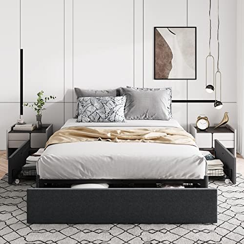 Allewie Queen Size Platform Storage Bed Frame with 3 Drawers, Dark Grey