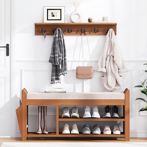 PETKABOO 39.4" Shoe Bench with Coat Rack Hidden Drawer and Side Holder, 2 Tier Entryway Bench with Storage, Bamboo Shoe Rack with Cushion for Entryway Hallway Living Room Bedroom