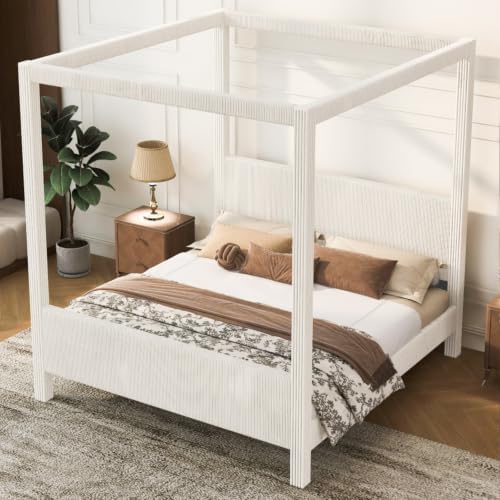 Queen Size Canopy Bed with Upholstered Headboard & Footboard, Beige