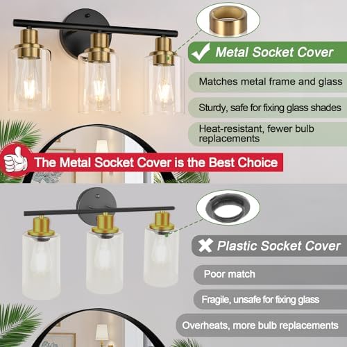 Zarbitta 3-Light Bathroom Light Fixtures, Black and Gold Bathroom Wall Lights, Modern Vanity Light with Clear Glass Shade, Bathroom Wall Lamp for Mirror Kitchen Bedroom Hallway Cabinet