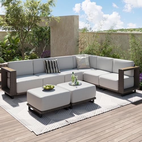 Aoxun Patio Furniture Set, 8 Piece Outdoor Sofa Set, Brown/Light Gray