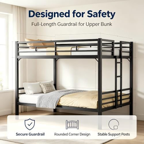 PVWIIK Queen Over Queen Bunk Bed with Guardrails,Black