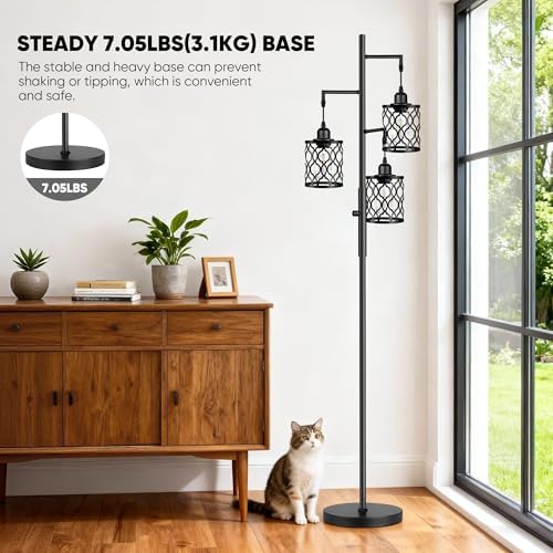 ROTTOGOON Dimmable Farmhouse Floor Lamp, Industrial Floor Lamp for Living Room with 3 X 6W LED Bulbs, 3 Light Rustic Standing Tall Lamp for Bedroom, Office, 68"